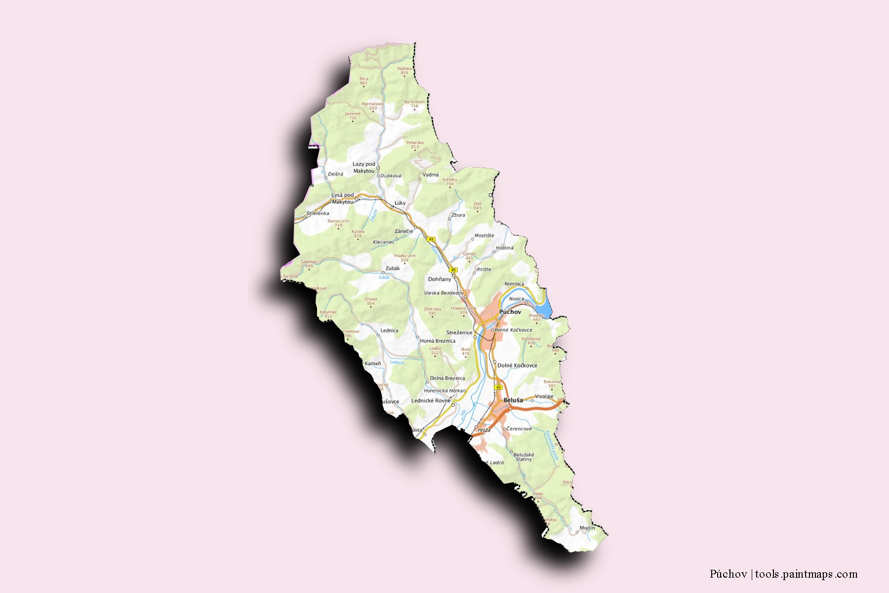 Mapa de barrios y pueblos de Púchov con efecto de sombra 3D