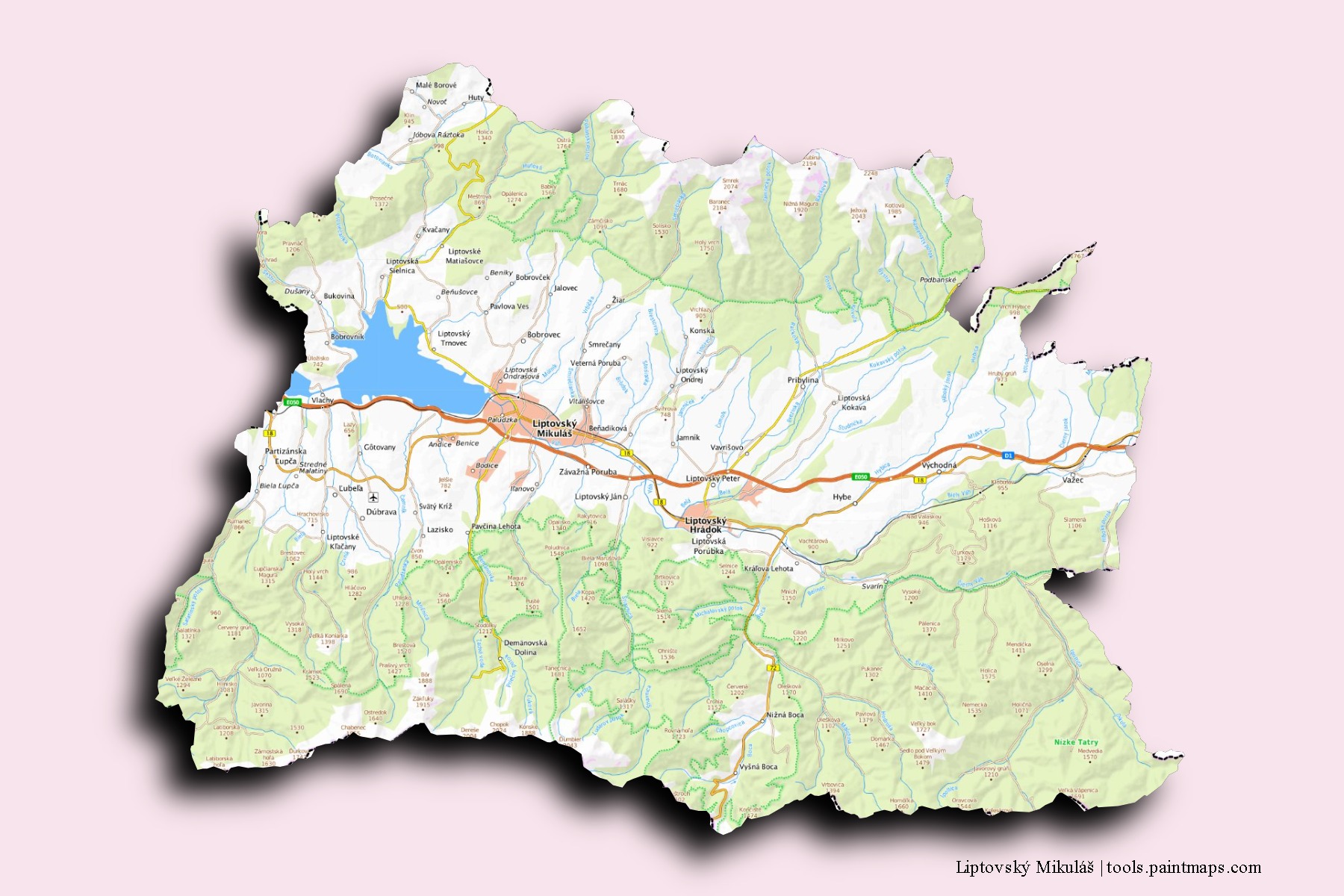 Liptovský Mikuláš neighborhoods and villages map with 3D shadow effect