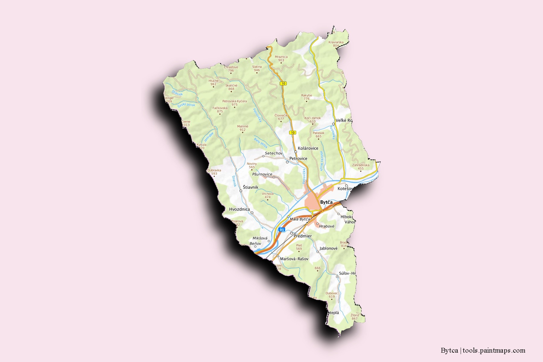 Mapa de barrios y pueblos de Bytca con efecto de sombra 3D