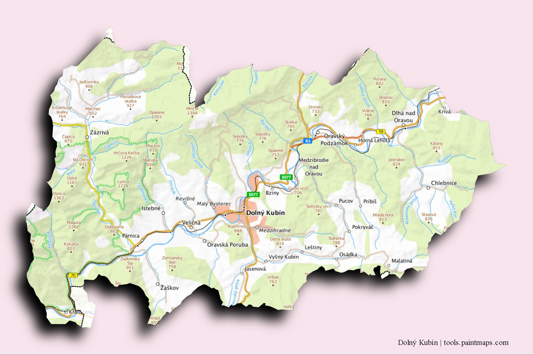 Mapa de barrios y pueblos de Dolný Kubín con efecto de sombra 3D