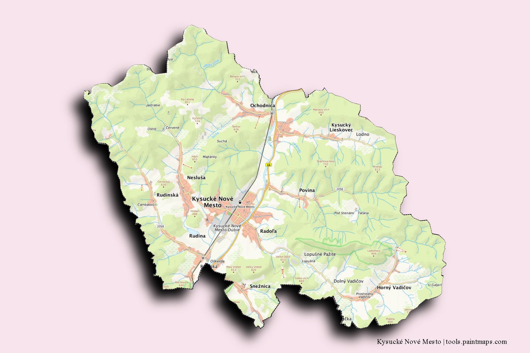 Kysucké Nové Mesto neighborhoods and villages map with 3D shadow effect