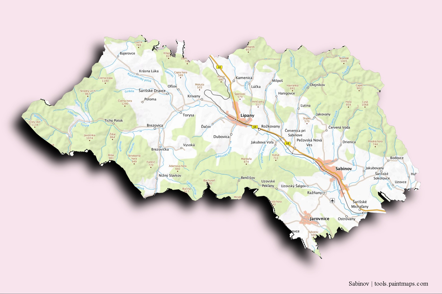 Mapa de barrios y pueblos de Sabinov con efecto de sombra 3D