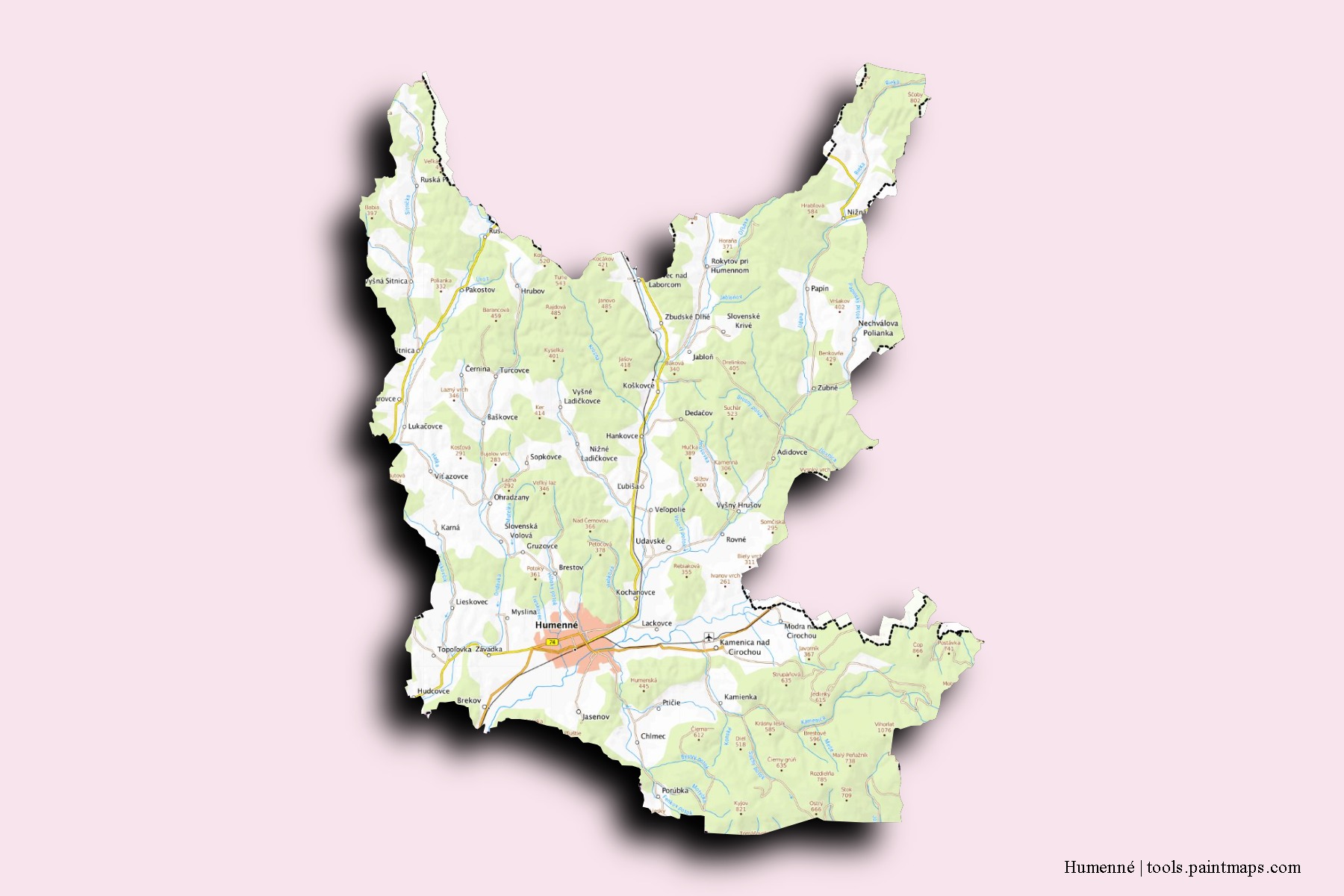 Humenné neighborhoods and villages map with 3D shadow effect