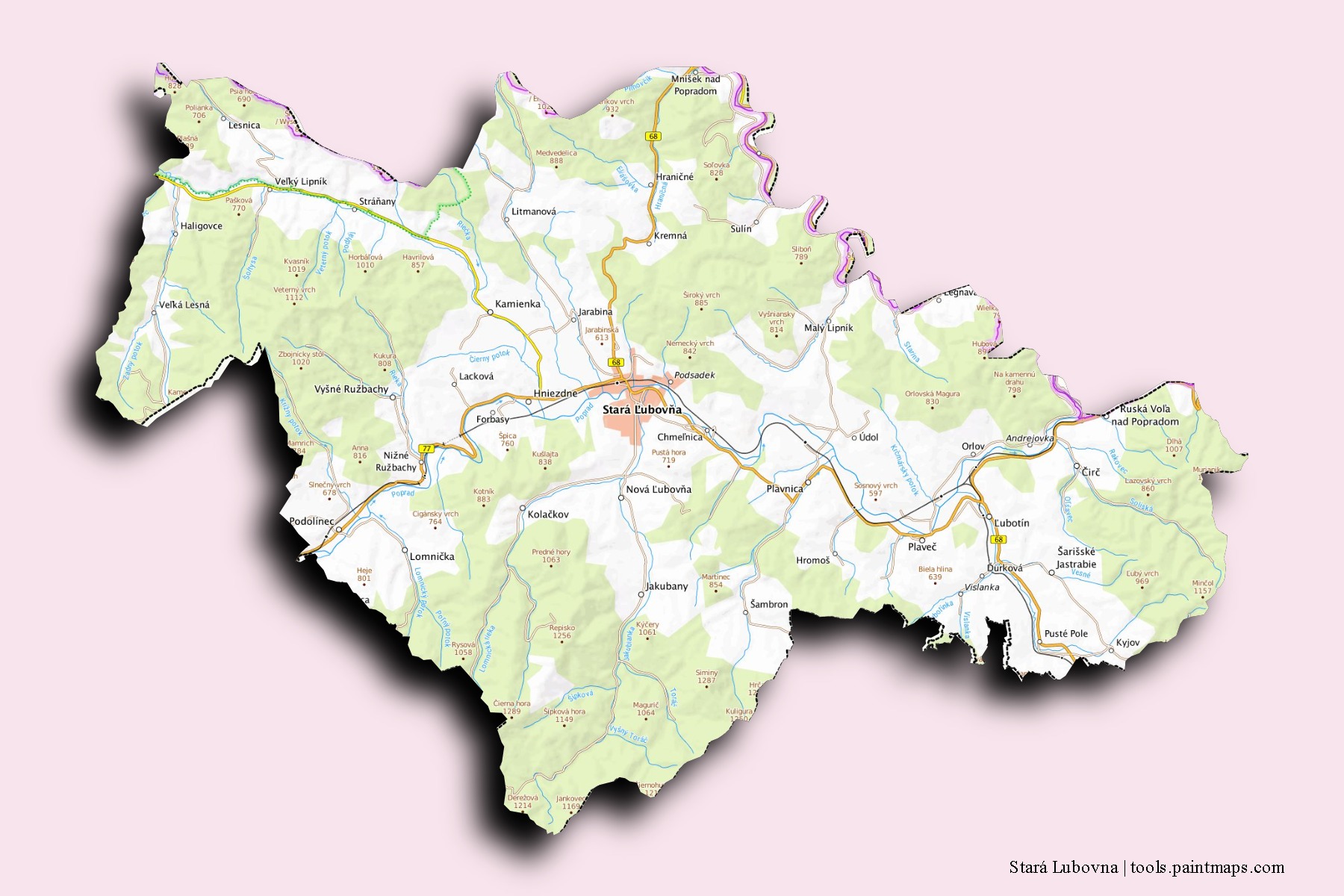 Mapa de barrios y pueblos de Stará Lubovna con efecto de sombra 3D