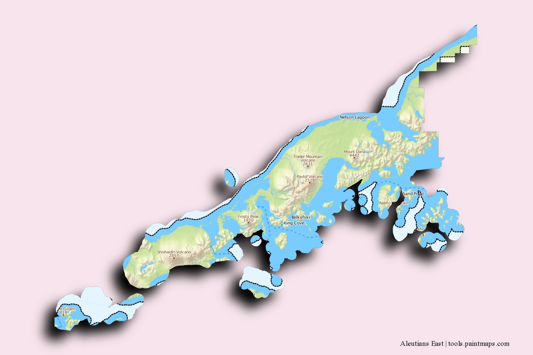 Aleutians East neighborhoods and villages map with 3D shadow effect