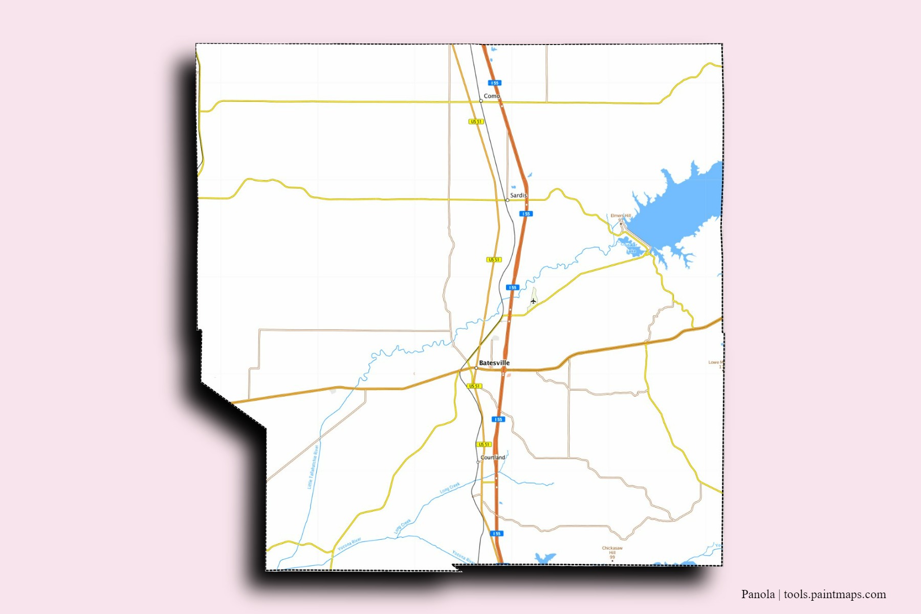 Panola neighborhoods and villages map with 3D shadow effect