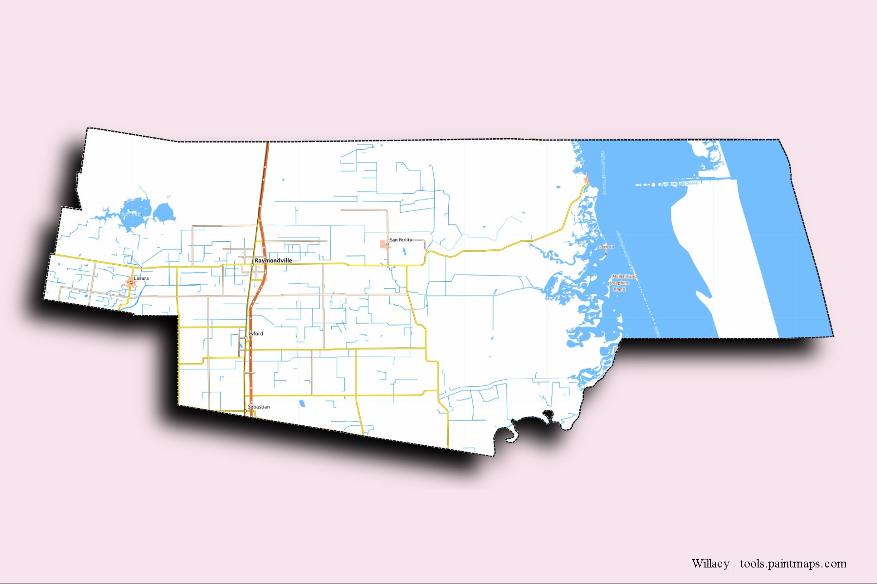 Willacy neighborhoods and villages map with 3D shadow effect