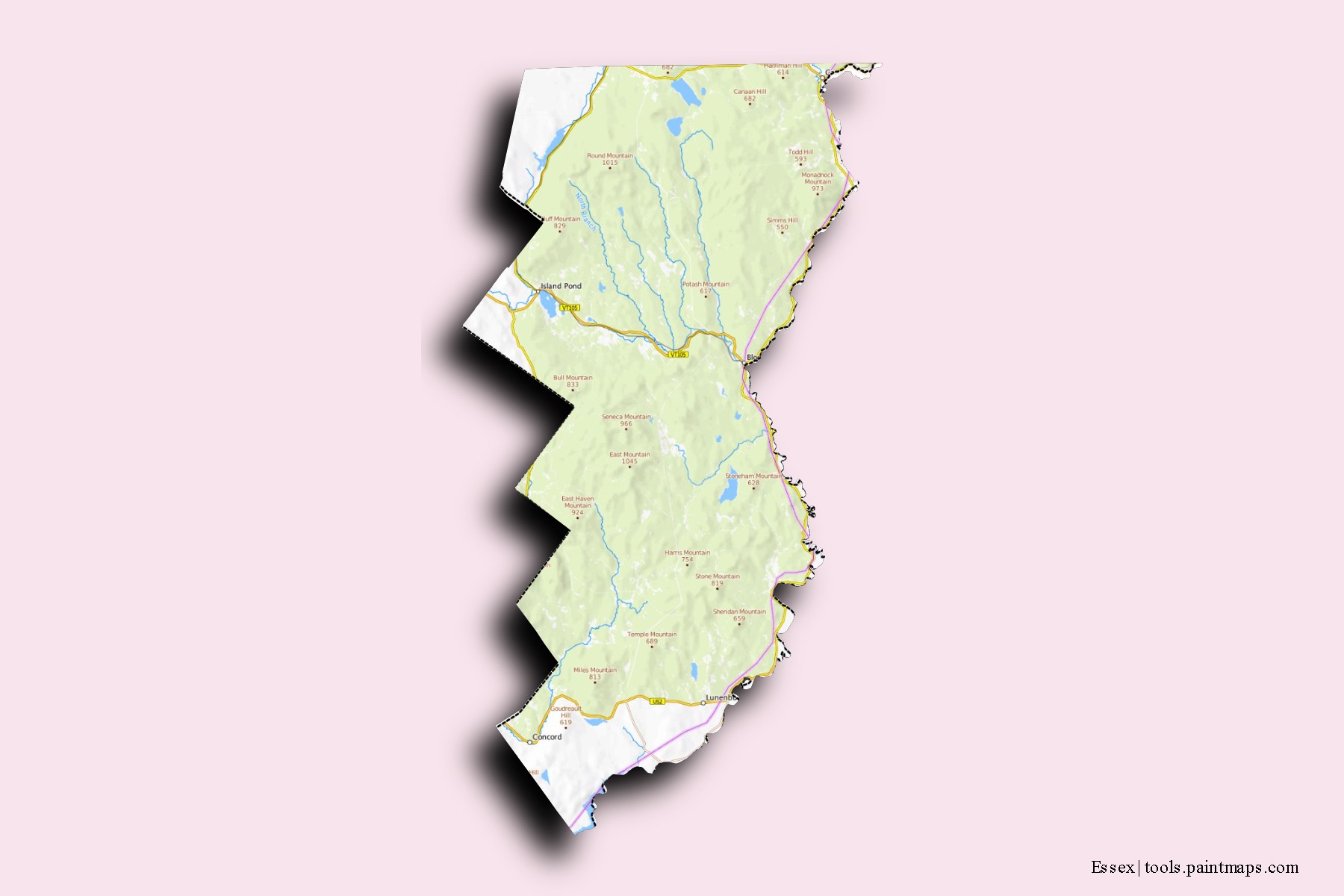 Mapa de barrios y pueblos de Essex con efecto de sombra 3D