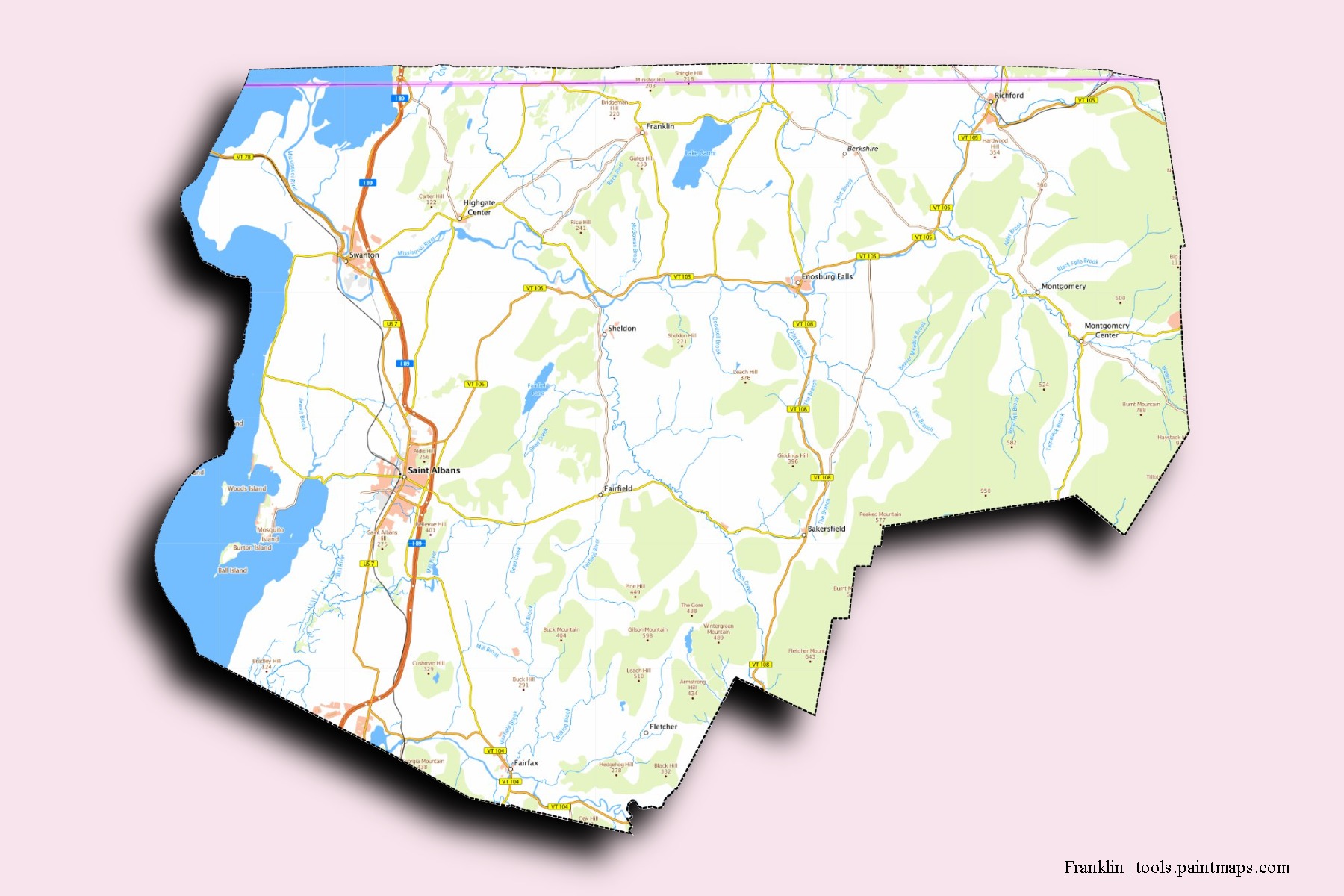 Mapa de barrios y pueblos de Franklin con efecto de sombra 3D