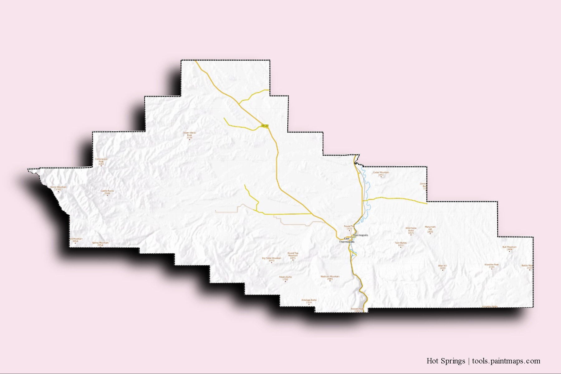 Hot Springs neighborhoods and villages map with 3D shadow effect