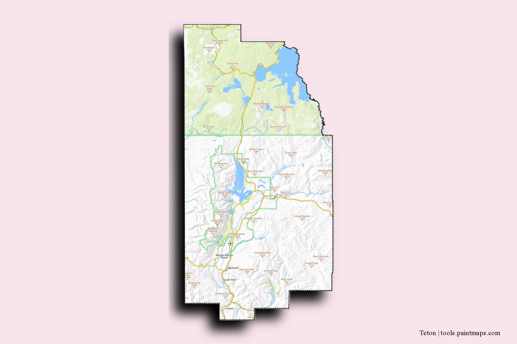 Mapa de barrios y pueblos de Teton con efecto de sombra 3D