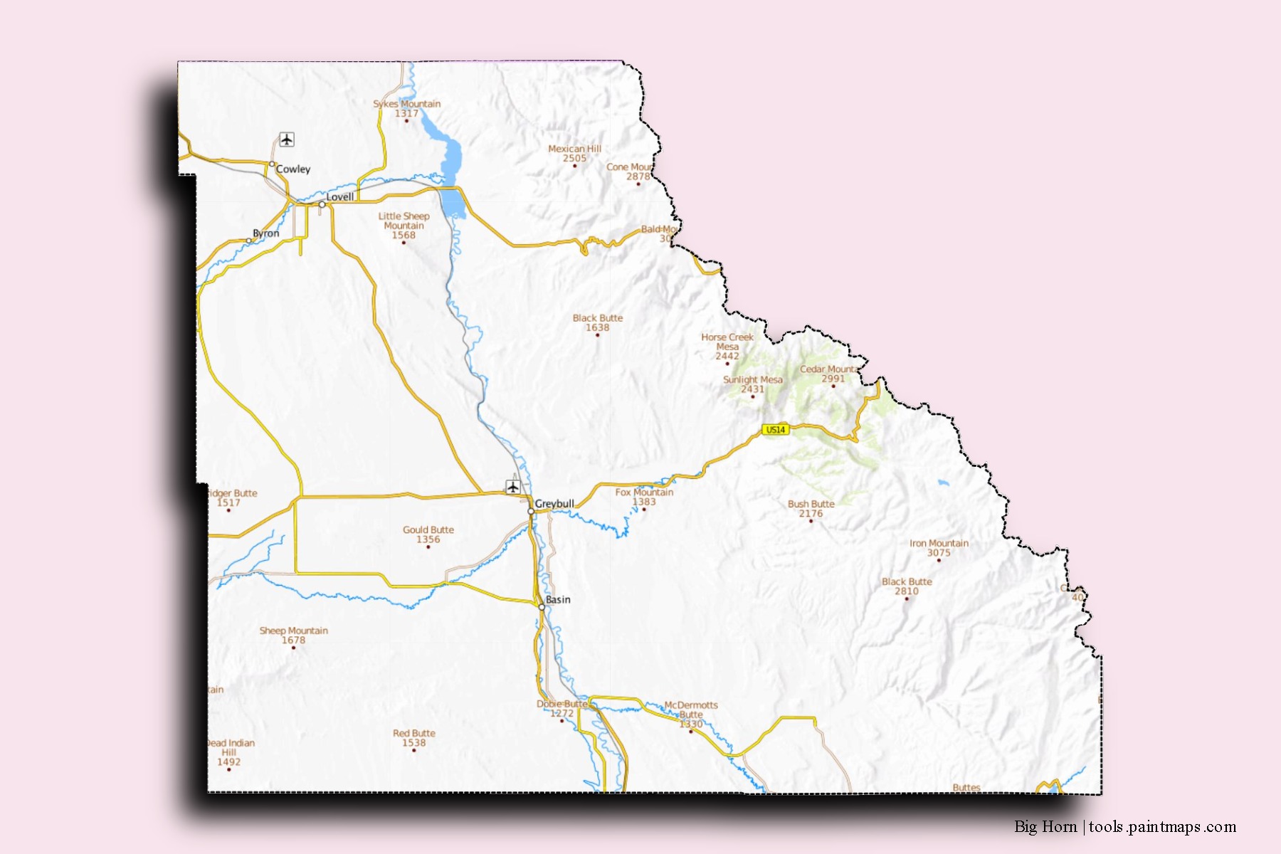 Big Horn neighborhoods and villages map with 3D shadow effect