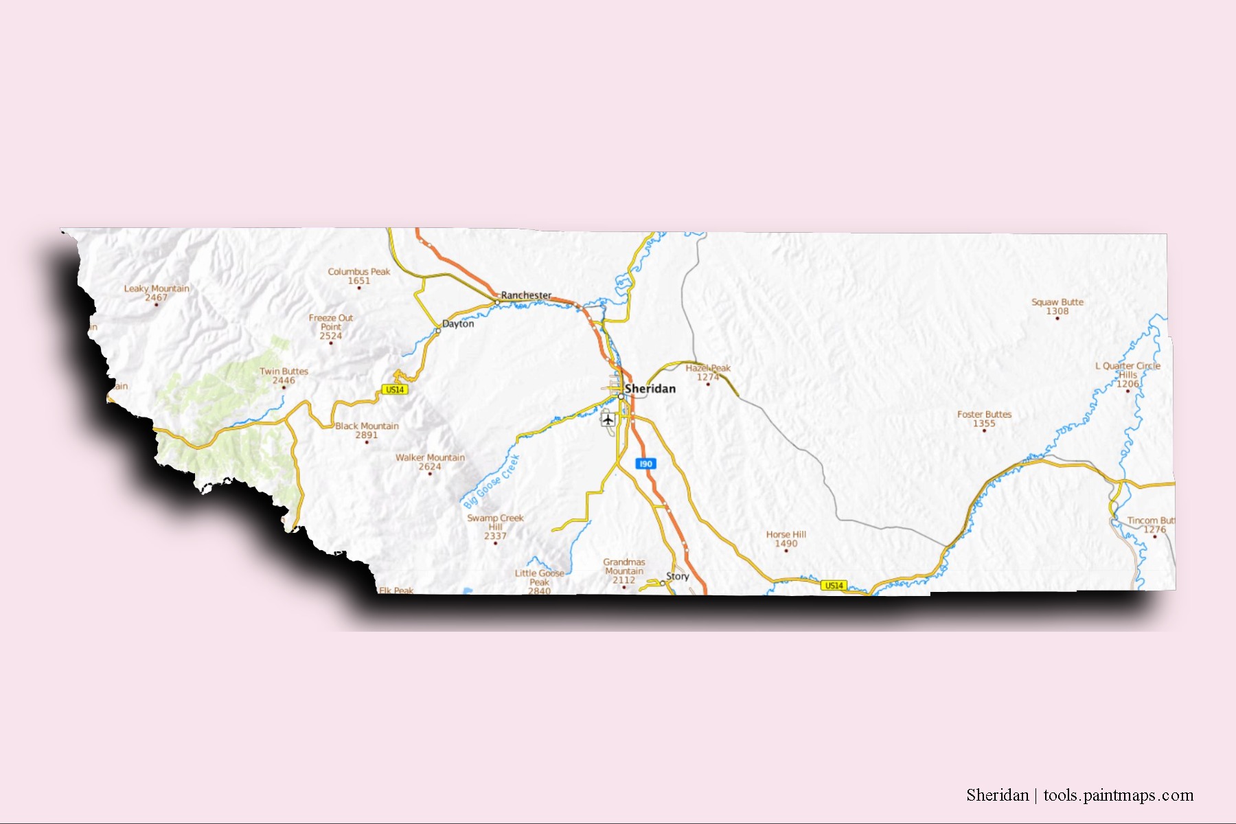 Sheridan neighborhoods and villages map with 3D shadow effect