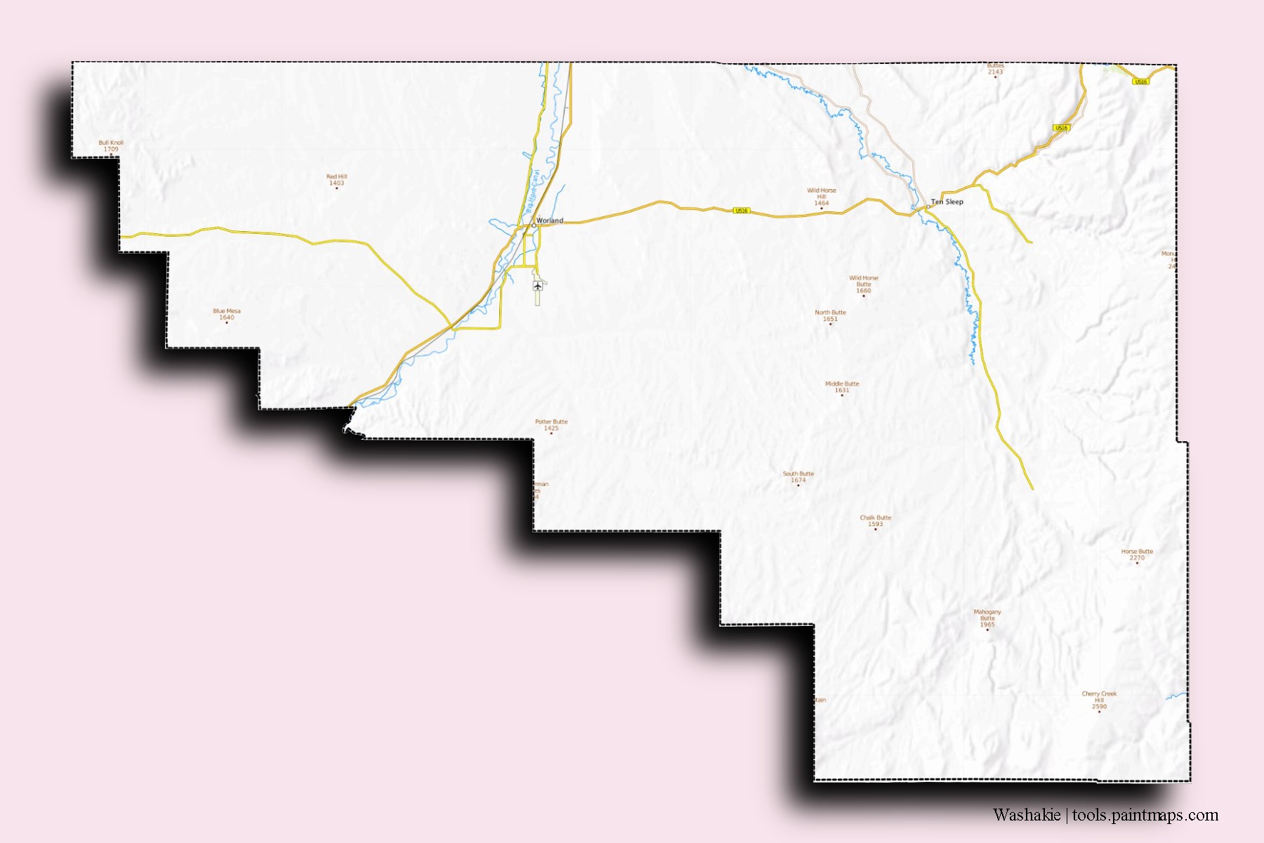 3D gölge efektli Washakie mahalleleri ve köyleri haritası