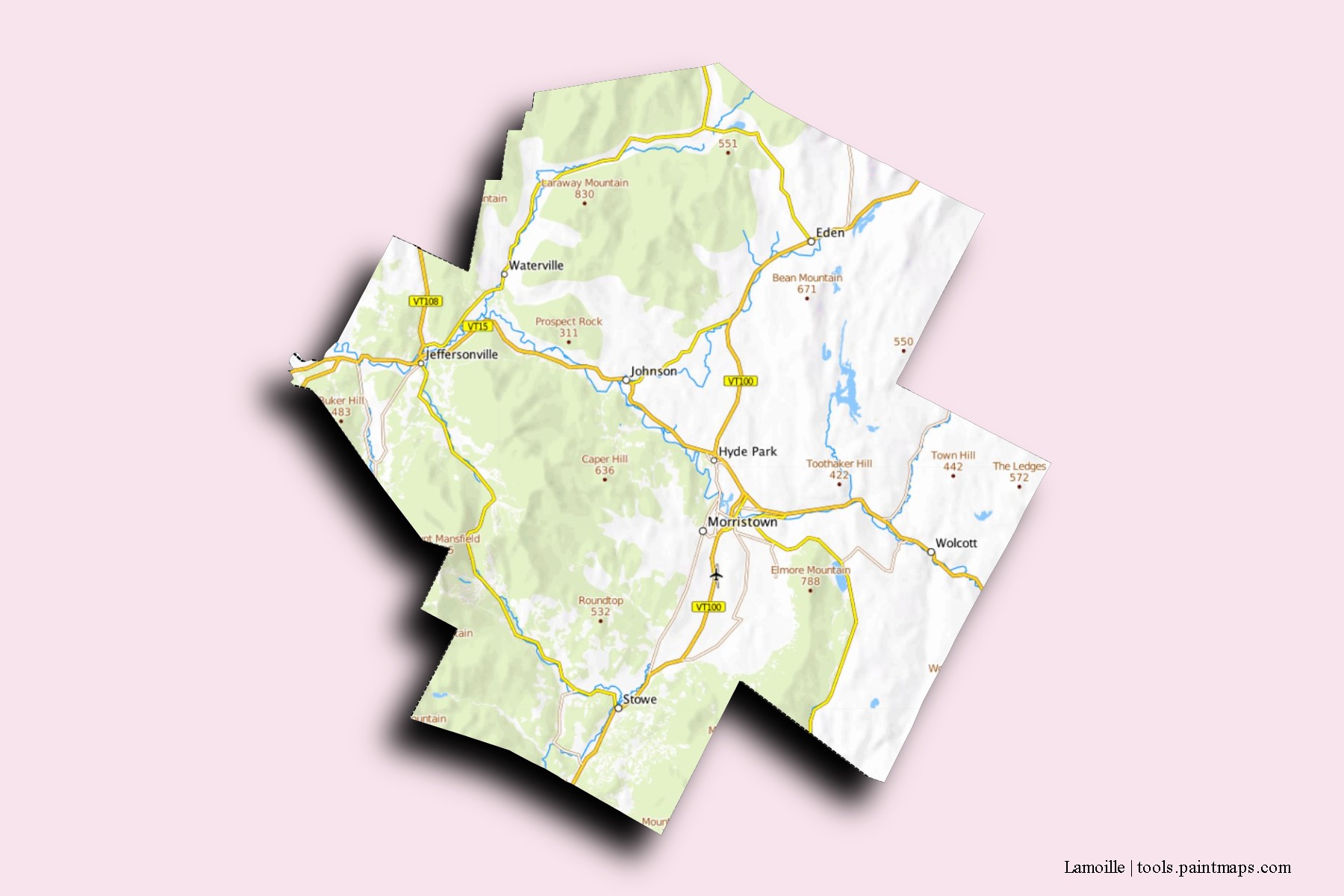 Mapa de barrios y pueblos de Lamoille con efecto de sombra 3D