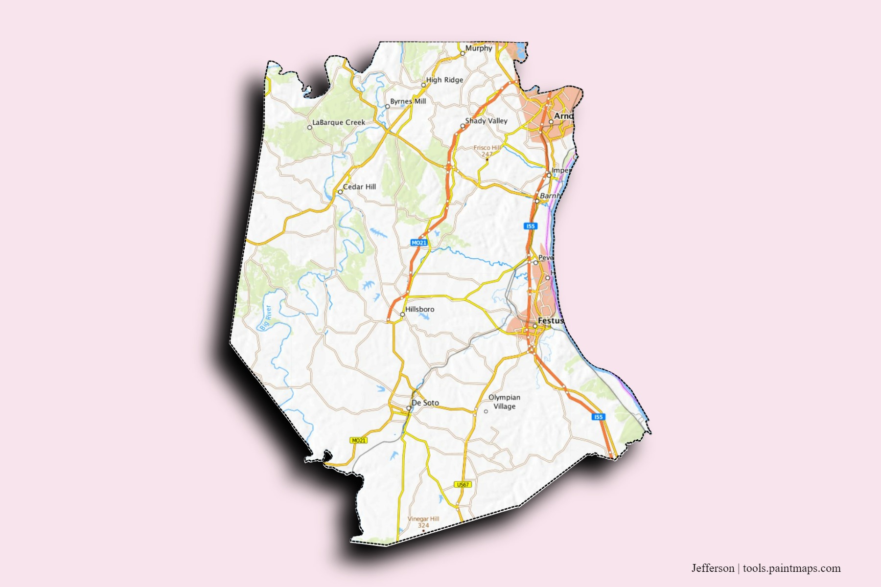 Jefferson neighborhoods and villages map with 3D shadow effect