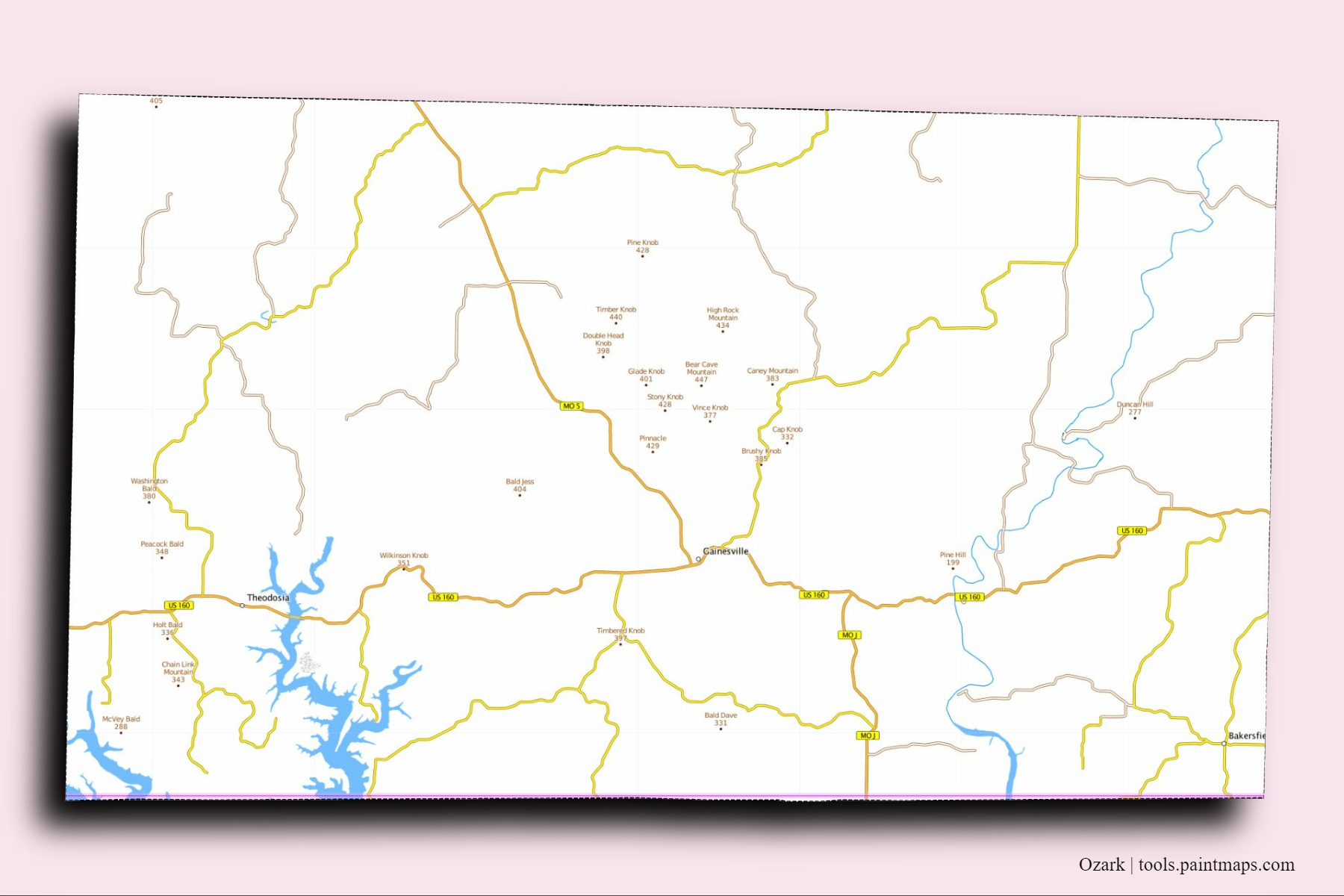 Ozark neighborhoods and villages map with 3D shadow effect