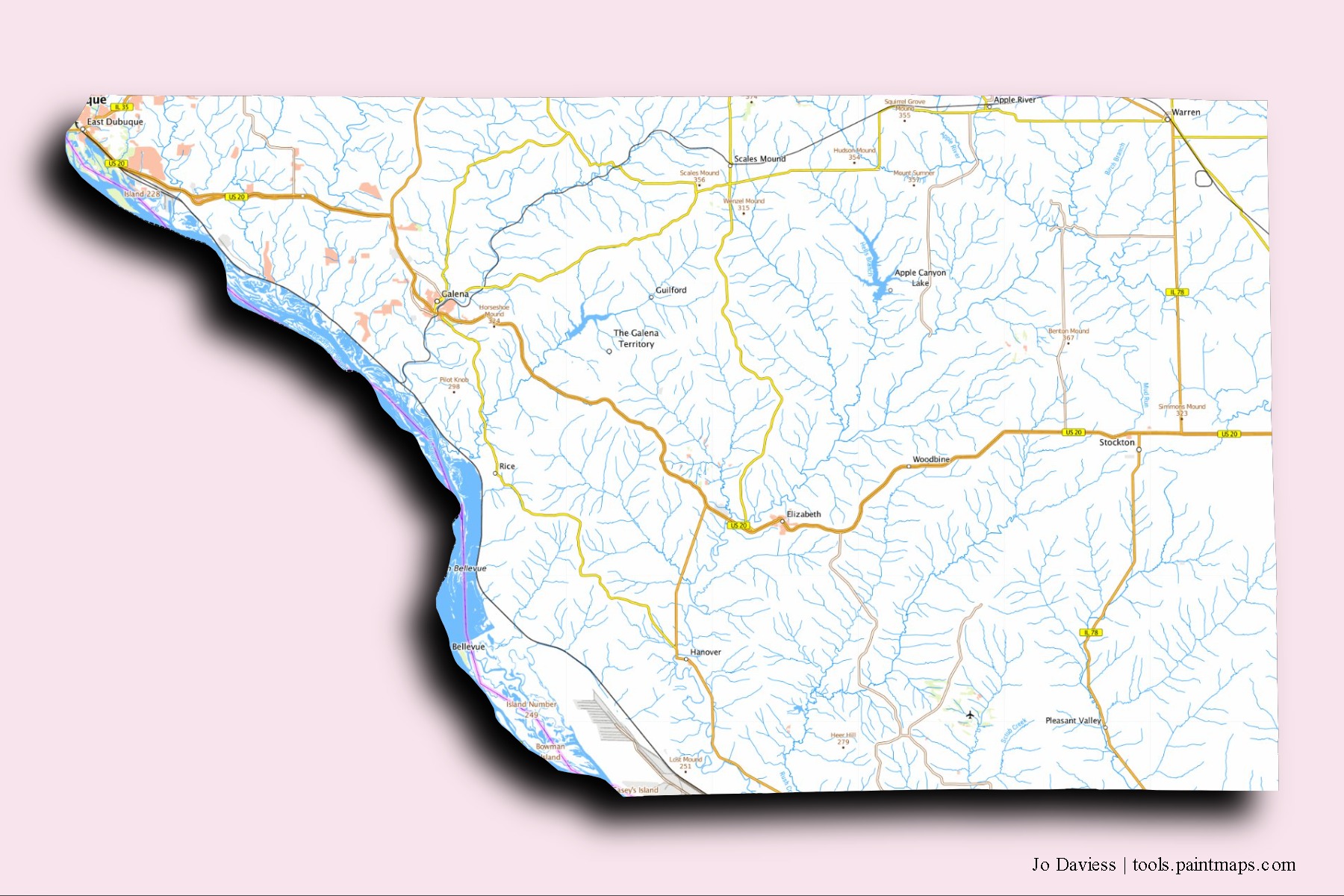 Mapa de barrios y pueblos de Jo Daviess con efecto de sombra 3D