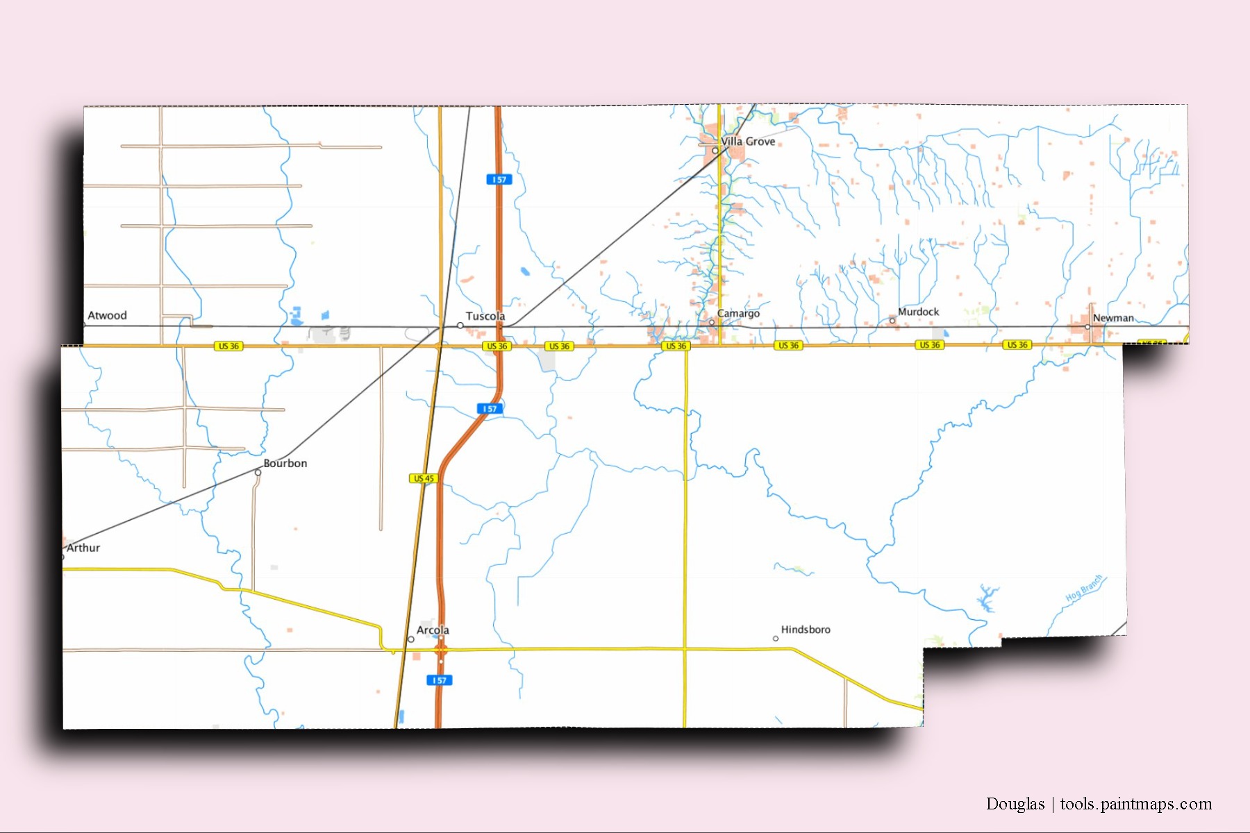 Douglas neighborhoods and villages map with 3D shadow effect