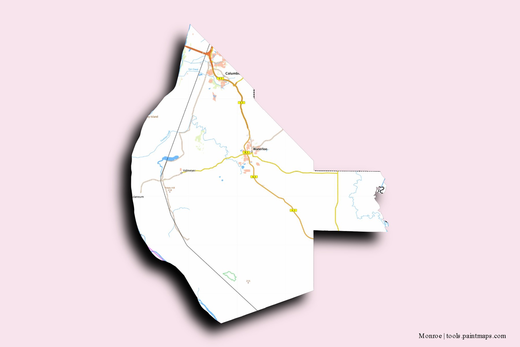 Monroe neighborhoods and villages map with 3D shadow effect