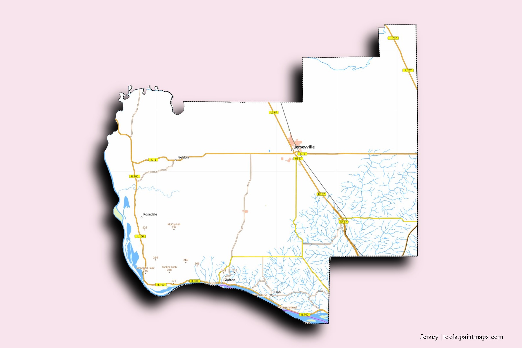 Jersey neighborhoods and villages map with 3D shadow effect