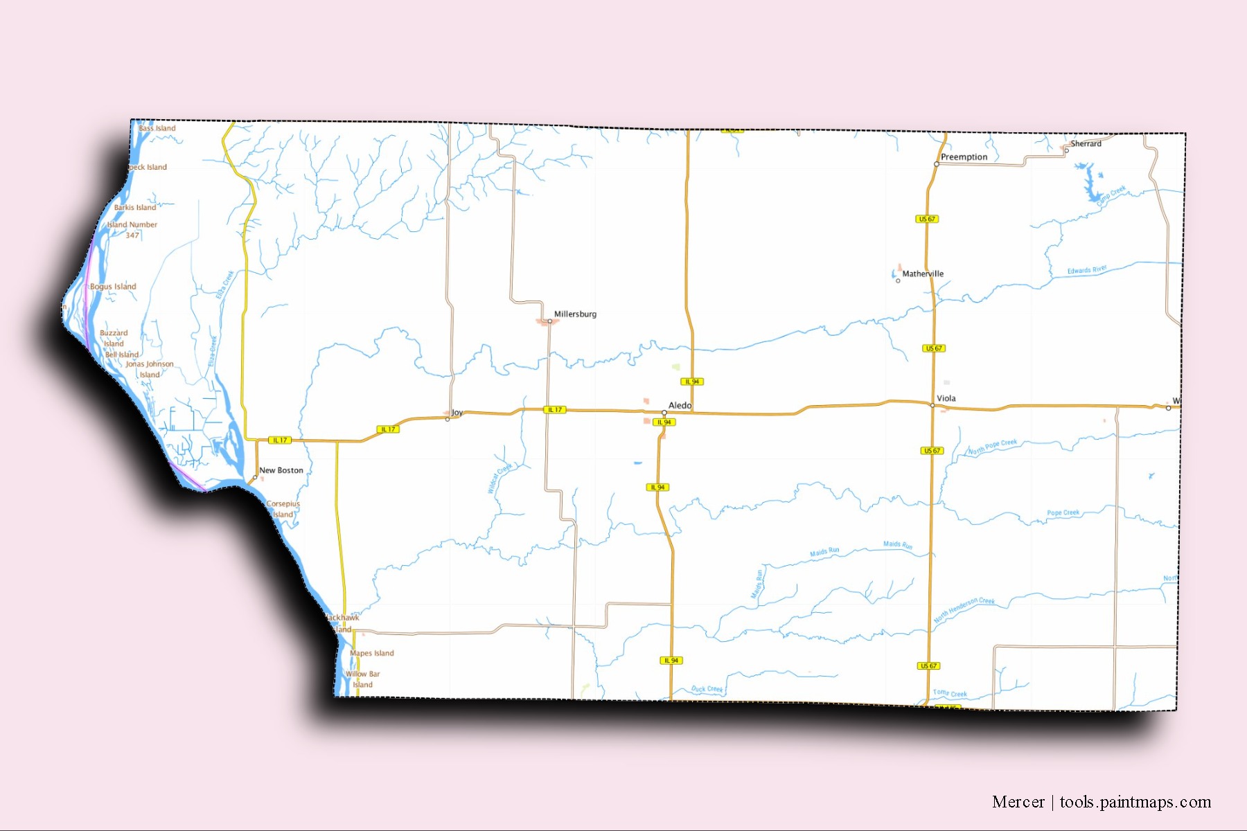 Mercer neighborhoods and villages map with 3D shadow effect