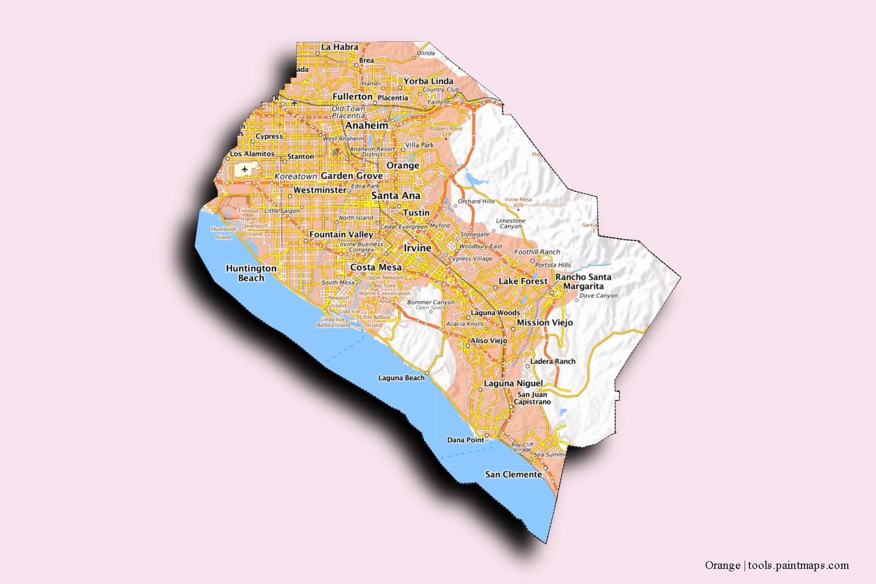 Orange neighborhoods and villages map with 3D shadow effect