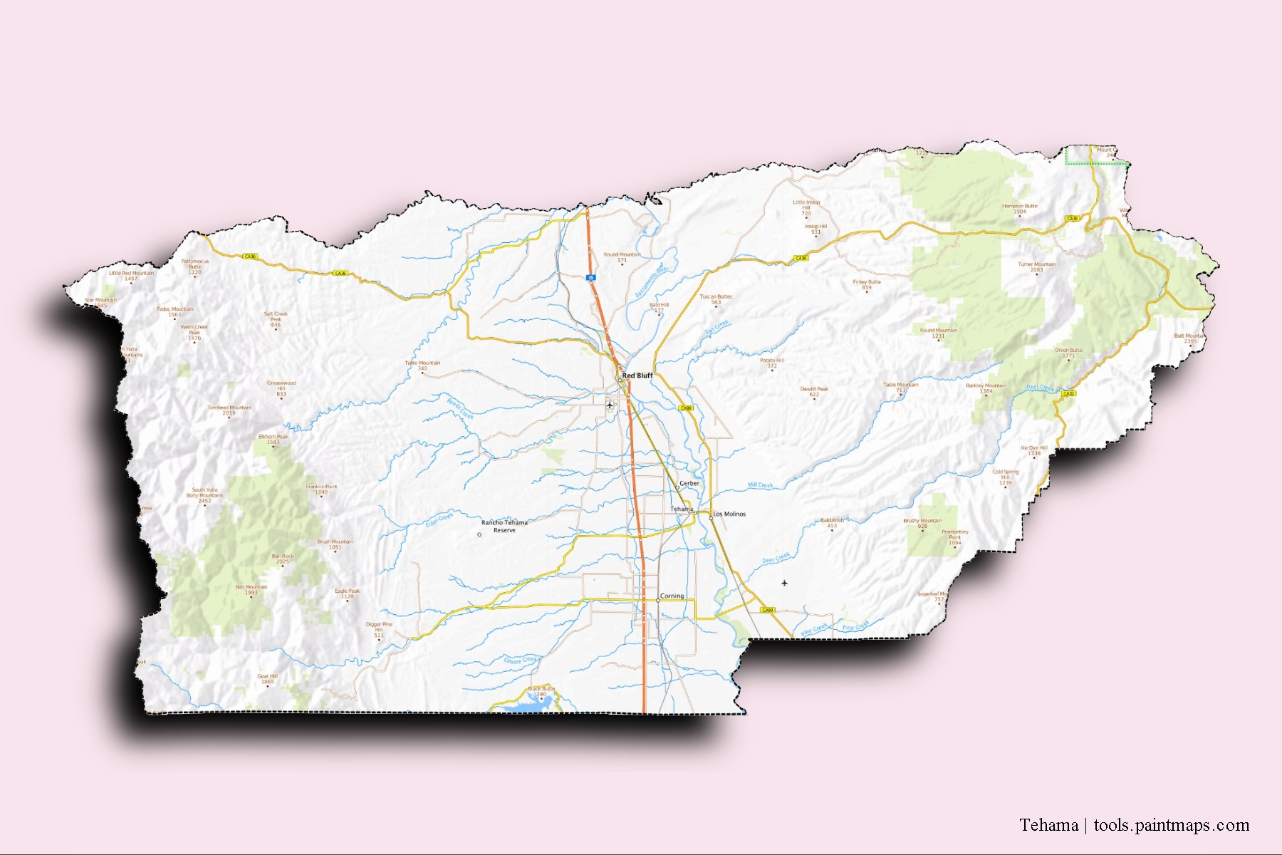 Tehama neighborhoods and villages map with 3D shadow effect