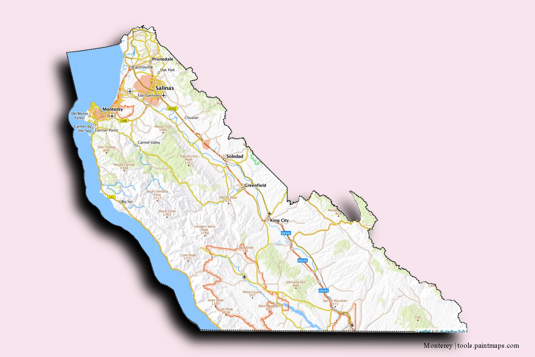 Mapa de barrios y pueblos de Monterey con efecto de sombra 3D