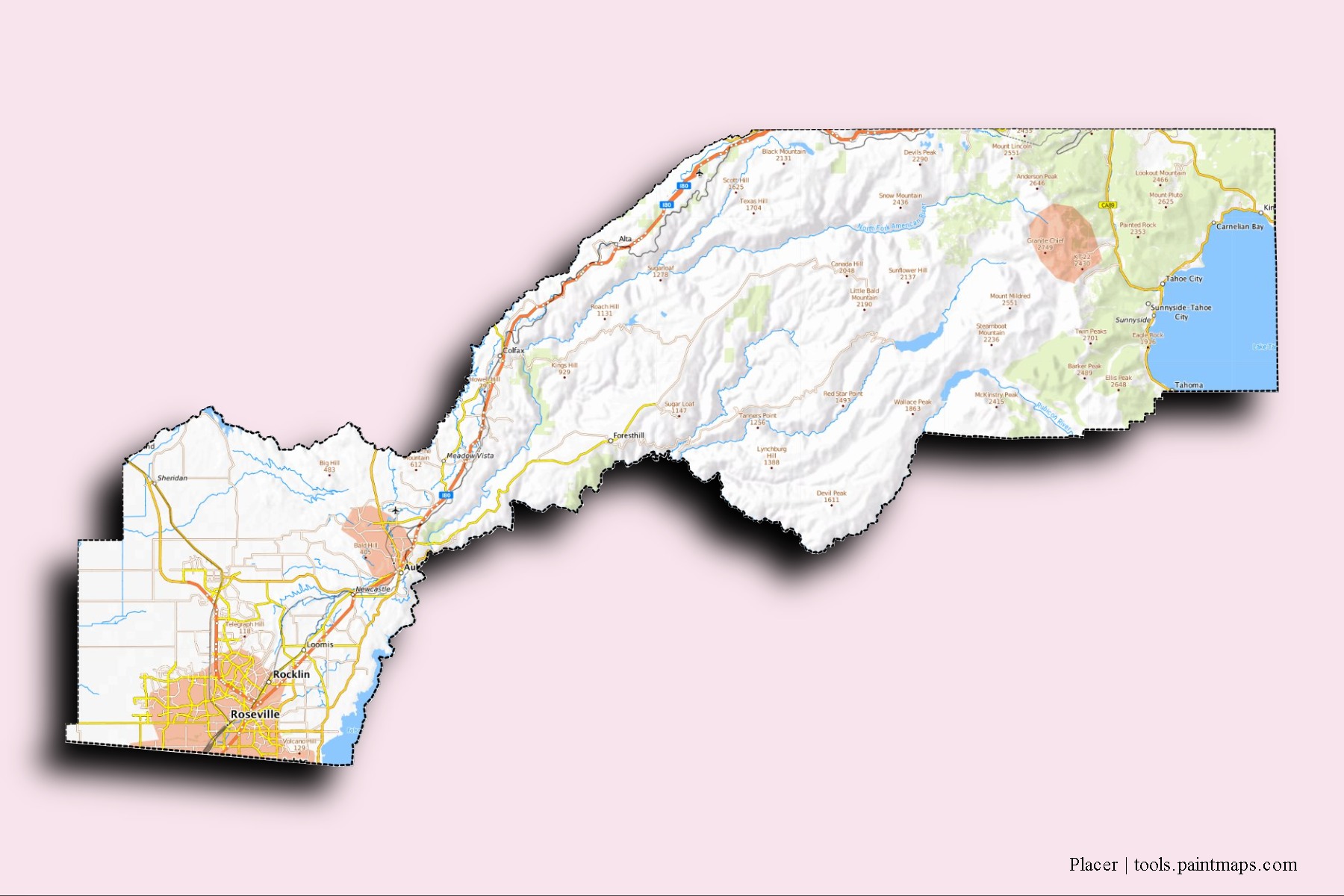 Placer neighborhoods and villages map with 3D shadow effect