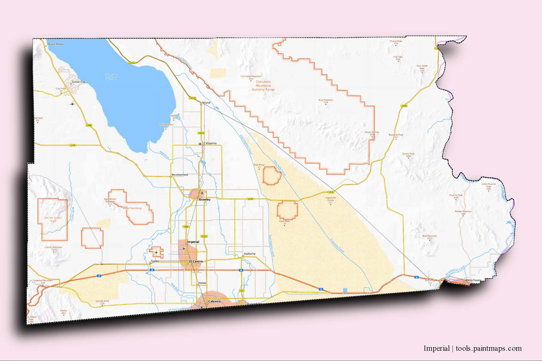 3D gölge efektli Imperial County mahalleleri ve köyleri haritası