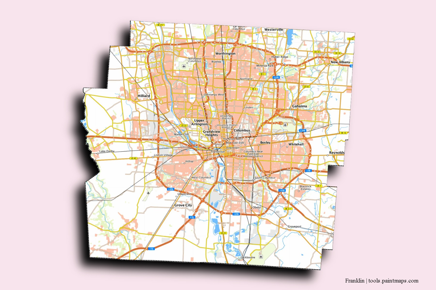 Franklin neighborhoods and villages map with 3D shadow effect