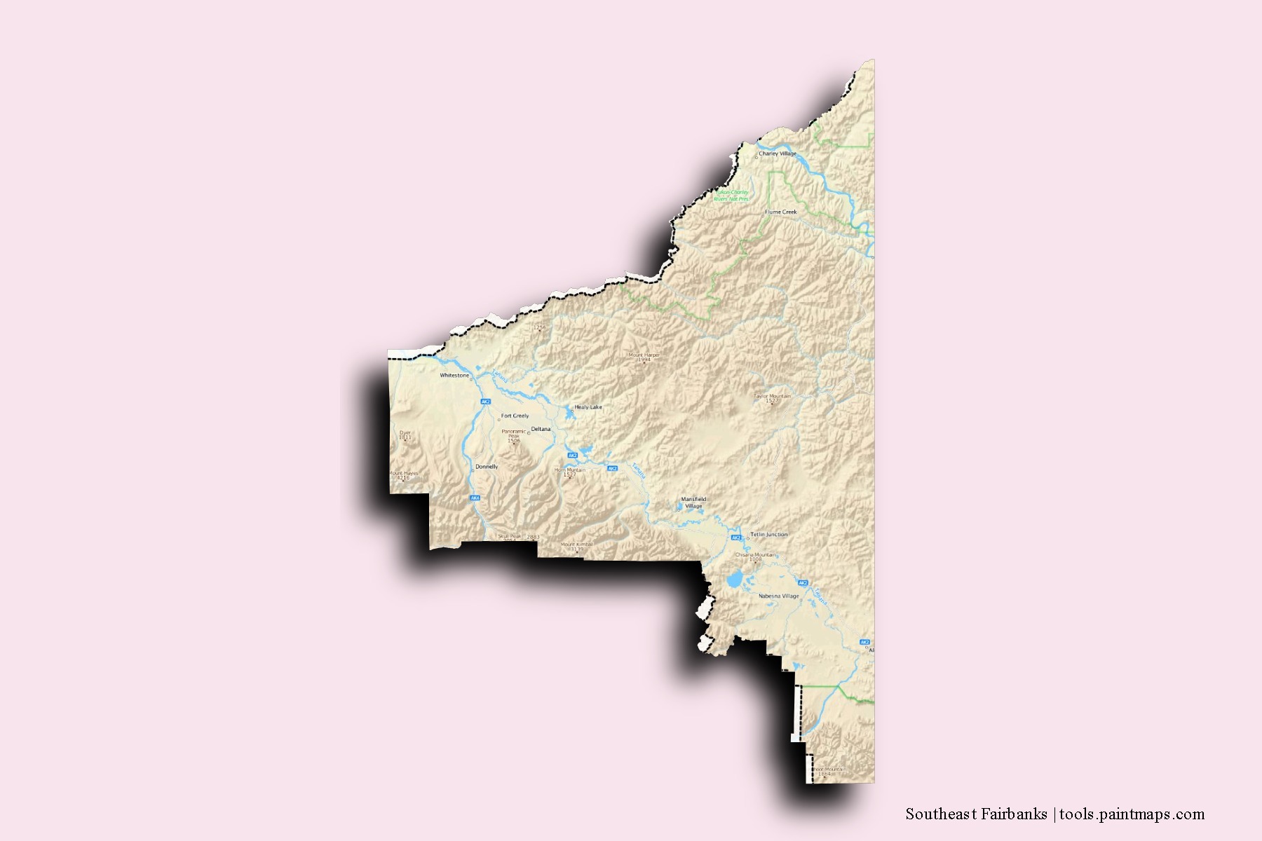 Southeast Fairbanks neighborhoods and villages map with 3D shadow effect