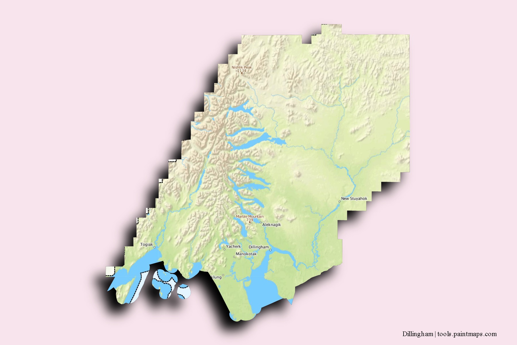 Mapa de barrios y pueblos de Dillingham con efecto de sombra 3D