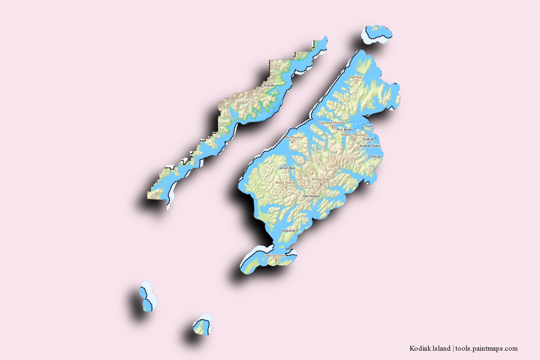 Mapa de barrios y pueblos de Kodiak Island con efecto de sombra 3D