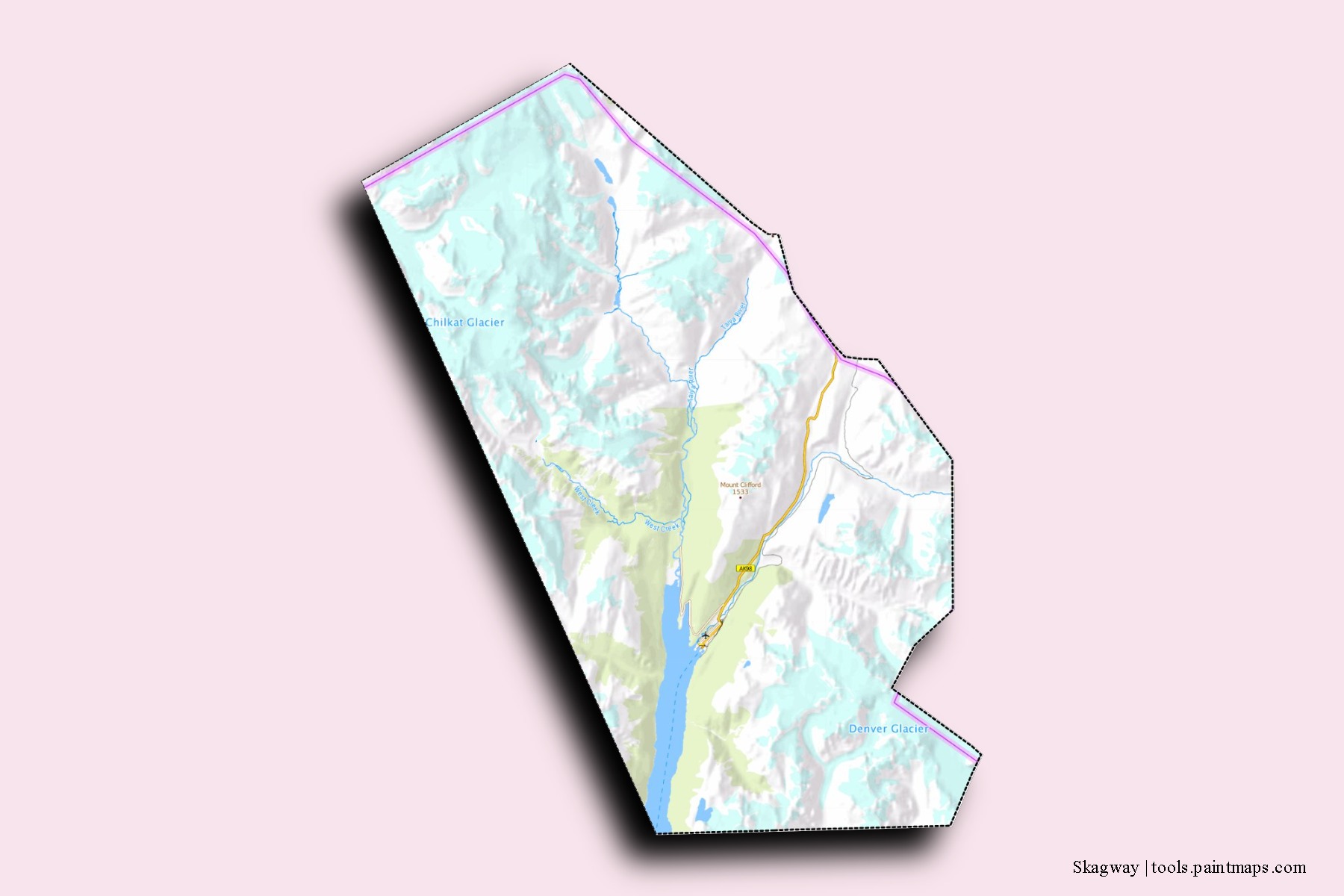 3D gölge efektli Skagway mahalleleri ve köyleri haritası