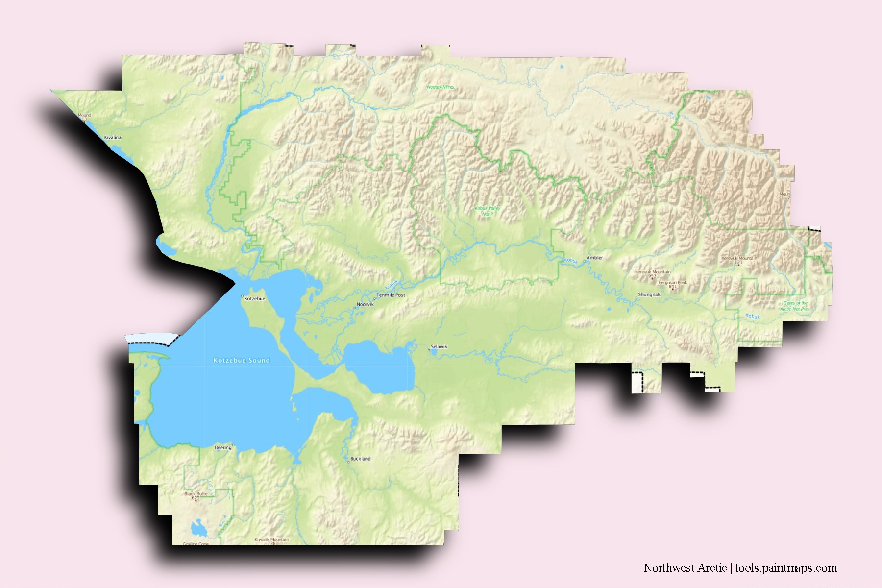 Mapa de barrios y pueblos de Northwest Arctic con efecto de sombra 3D