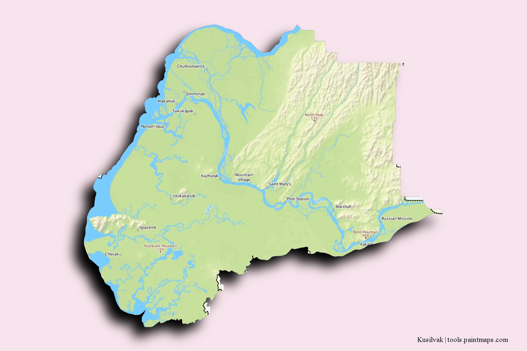 Kusilvak neighborhoods and villages map with 3D shadow effect