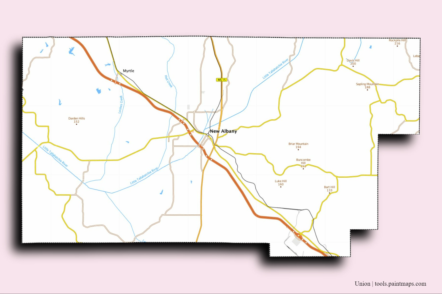 Union neighborhoods and villages map with 3D shadow effect