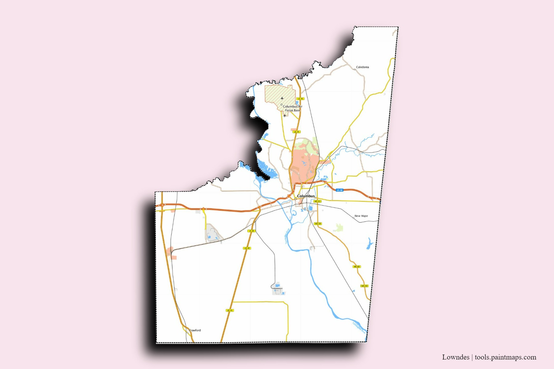 Lowndes neighborhoods and villages map with 3D shadow effect