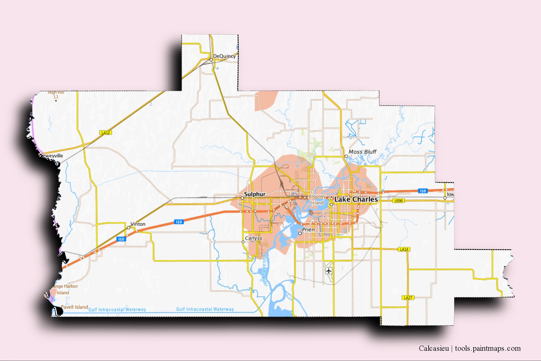 Calcasieu neighborhoods and villages map with 3D shadow effect