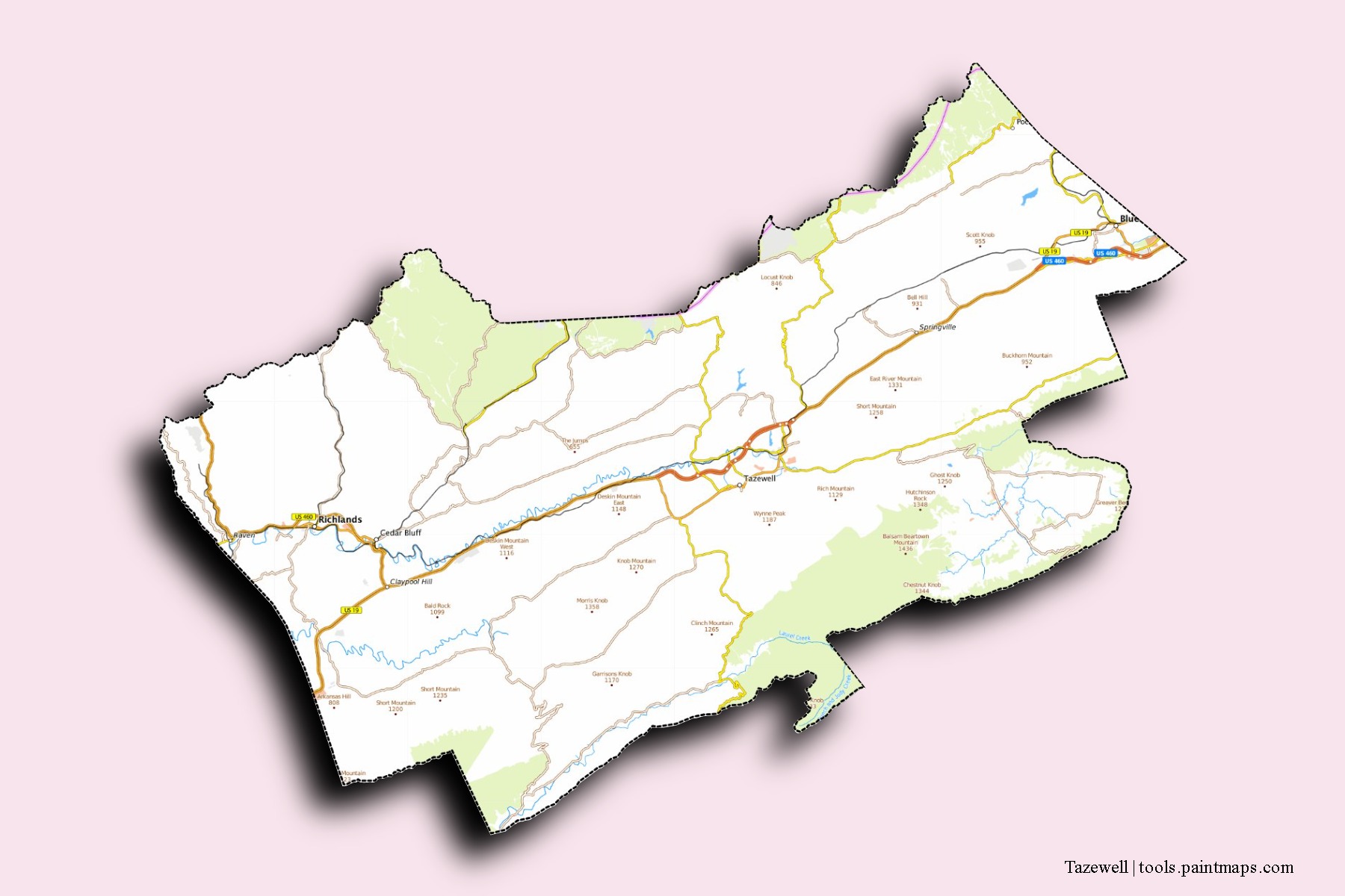 Tazewell neighborhoods and villages map with 3D shadow effect