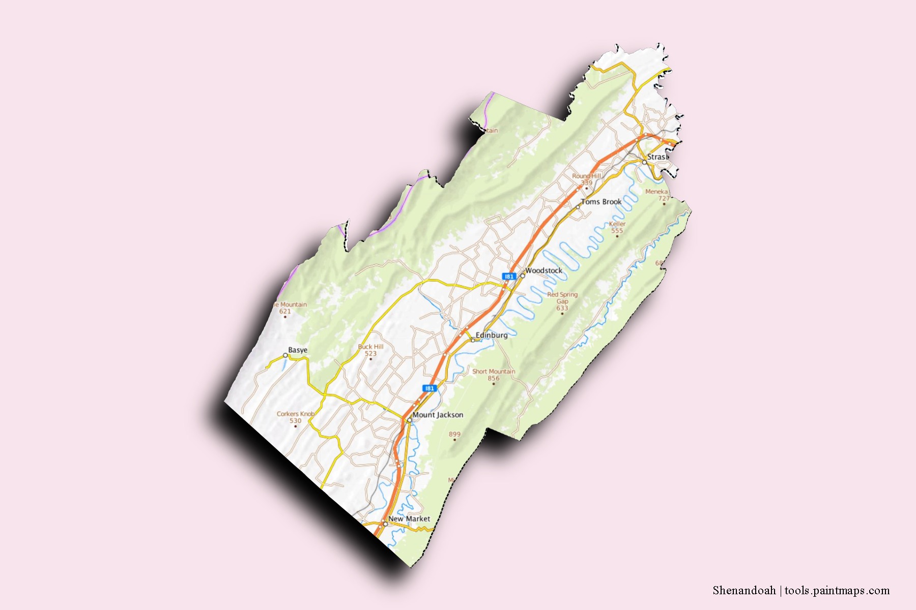 Shenandoah neighborhoods and villages map with 3D shadow effect