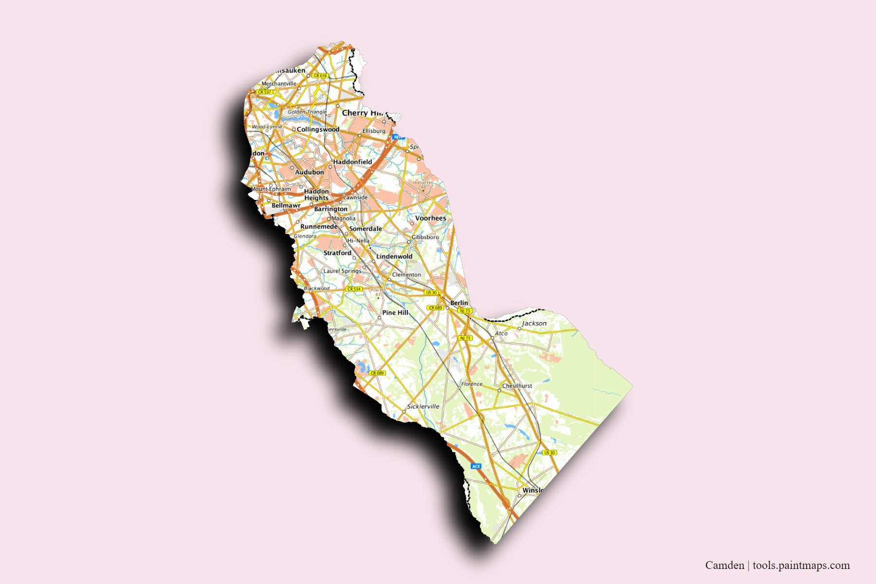 Mapa de barrios y pueblos de Camden con efecto de sombra 3D