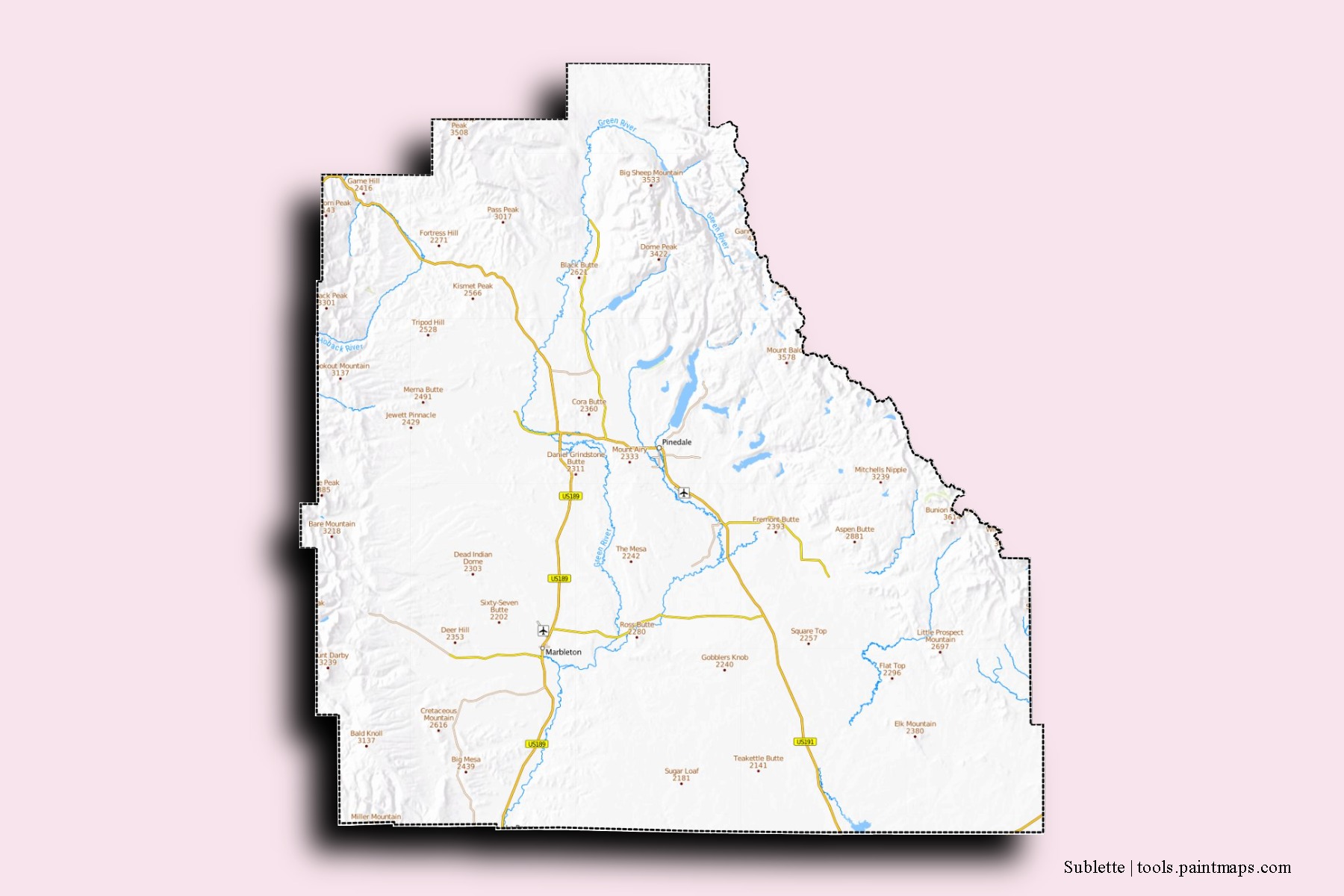 Sublette neighborhoods and villages map with 3D shadow effect