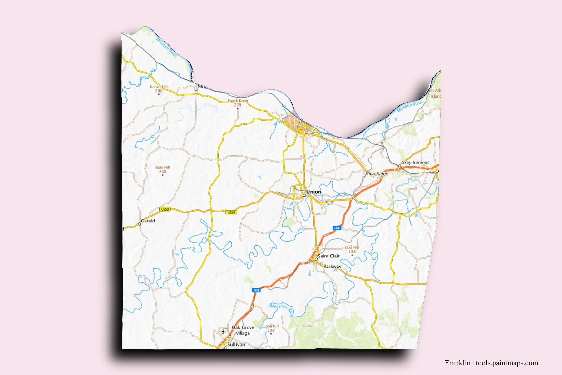 Mapa de barrios y pueblos de Franklin con efecto de sombra 3D