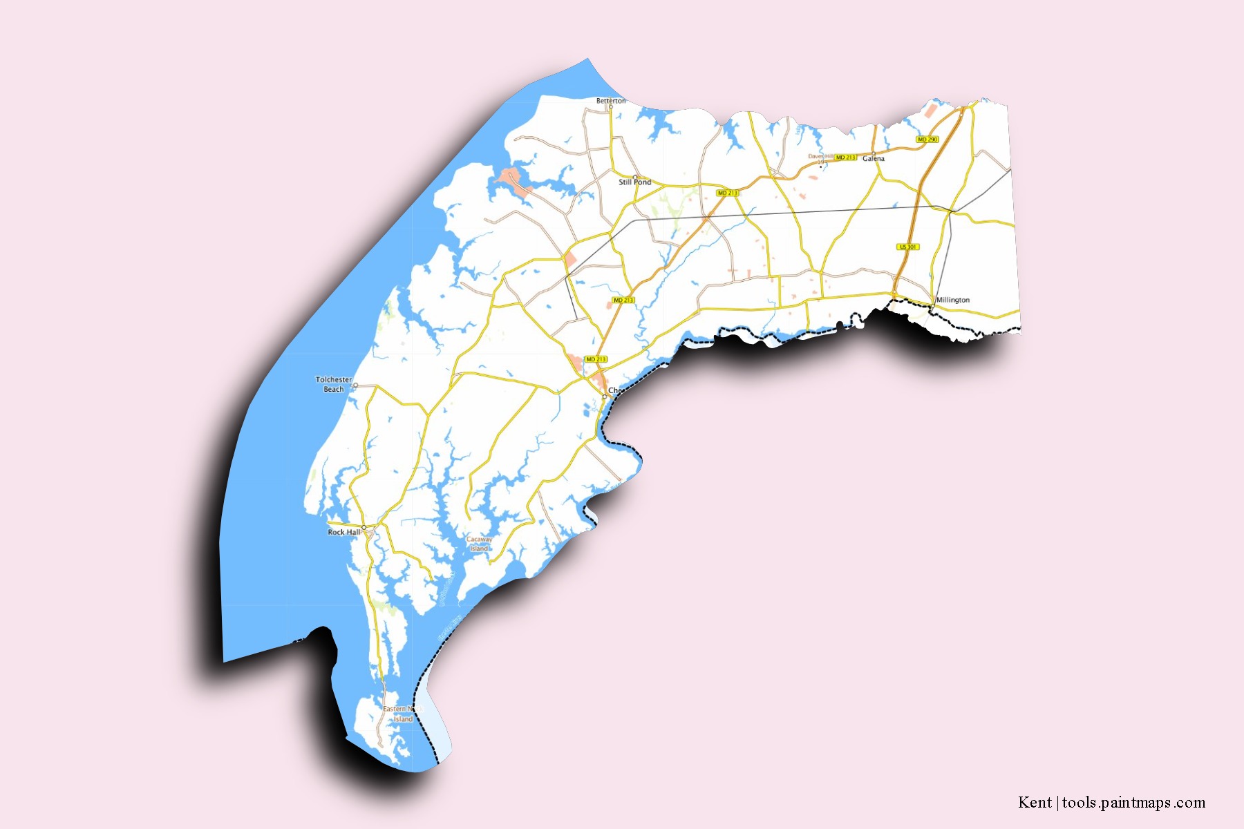 Mapa de barrios y pueblos de Kent con efecto de sombra 3D