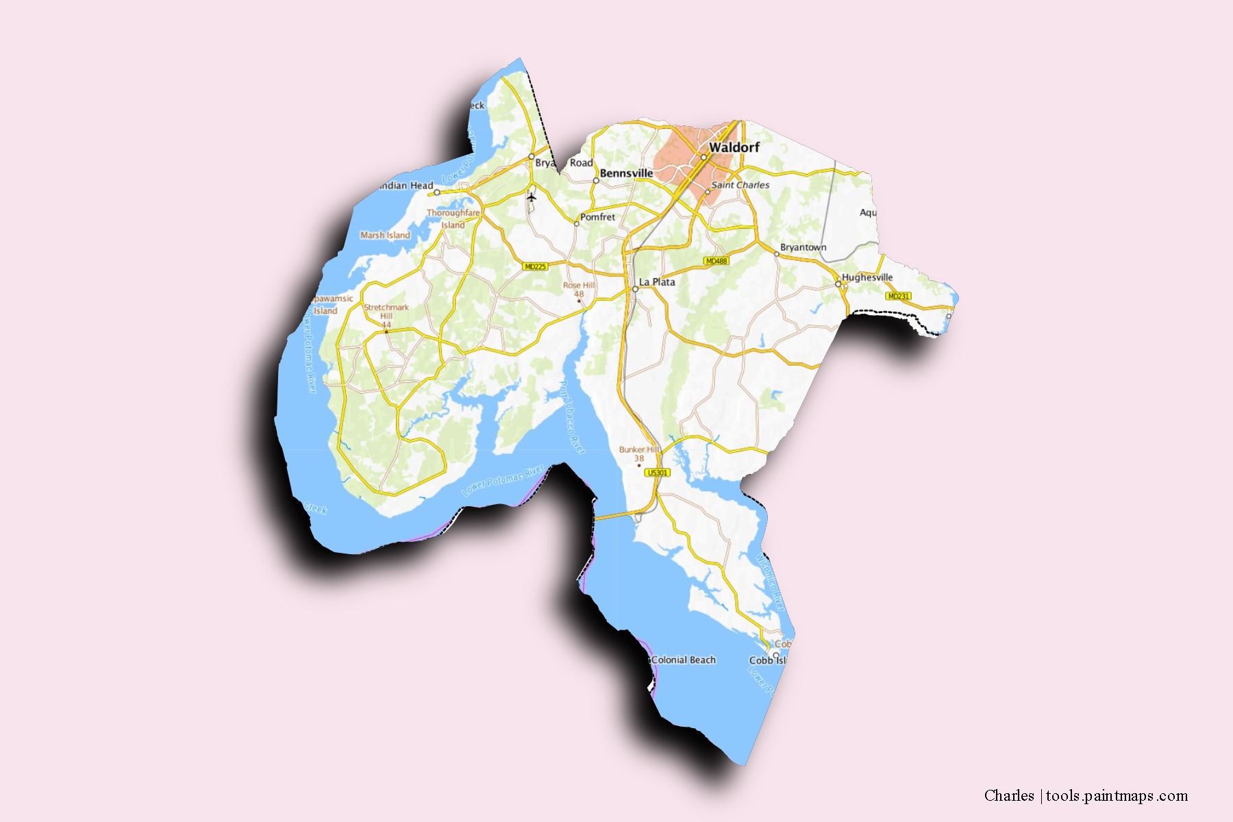 Mapa de barrios y pueblos de Charles con efecto de sombra 3D