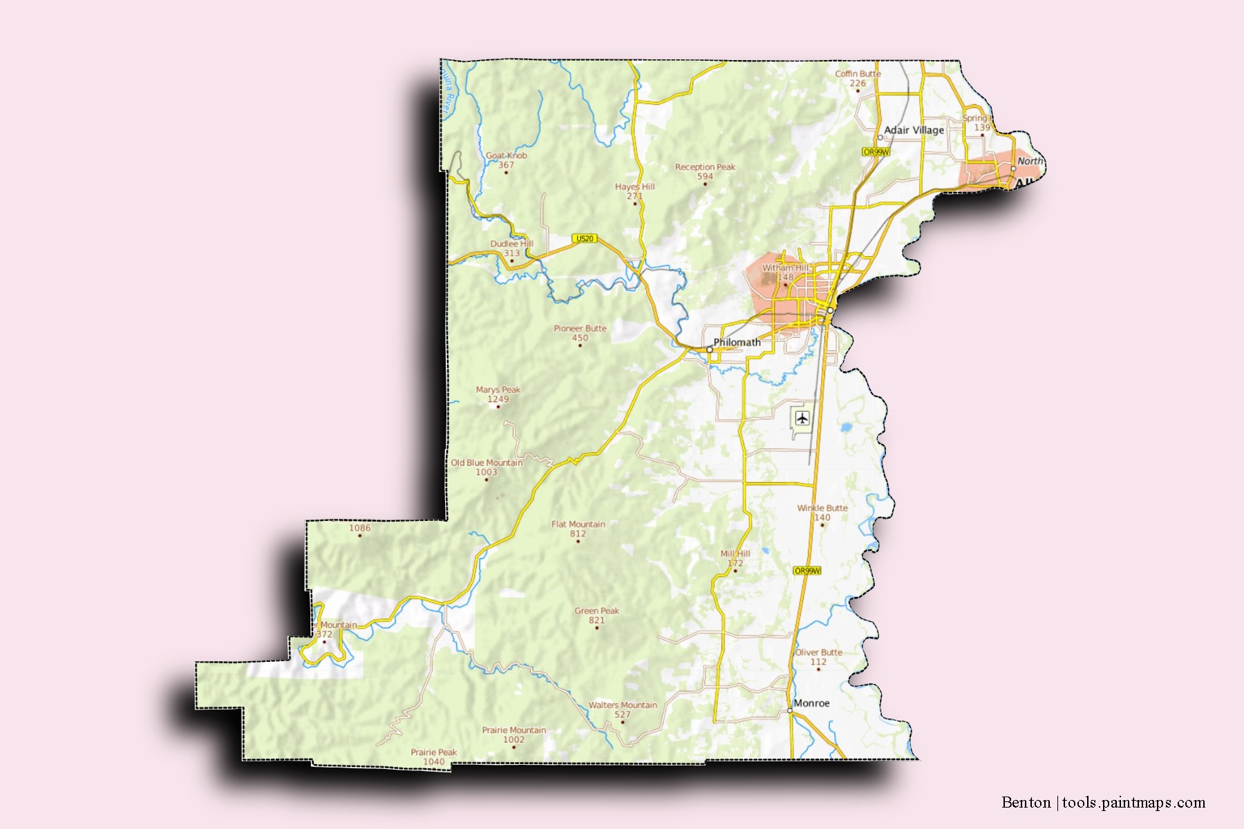 Benton neighborhoods and villages map with 3D shadow effect