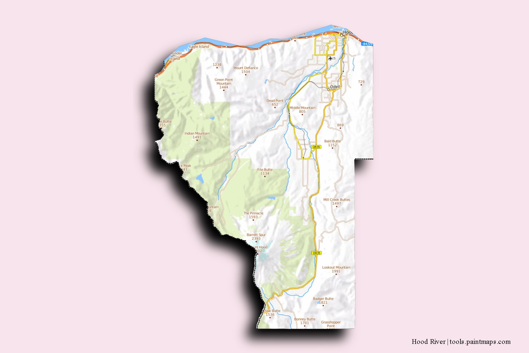 Mapa de barrios y pueblos de Hood River con efecto de sombra 3D